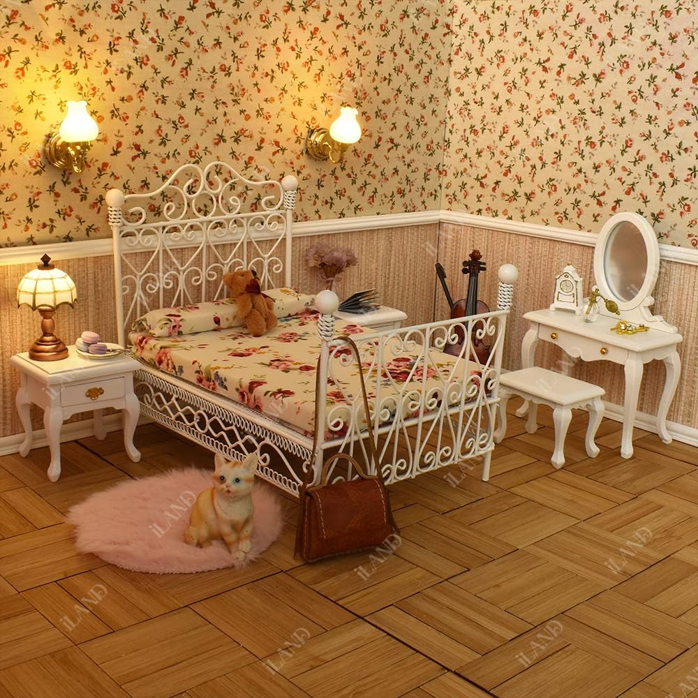 iLAND Victorian Dollhouse Furniture on 1:12 Scale, Dollhouse Bed Set 5pcs image