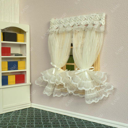 iLAND Miniature Dollhouse Accessories on 1/12 Scale, Dollhouse Curtains Set of Multi-Layered Lace & Tulle Curtains 2pcs image