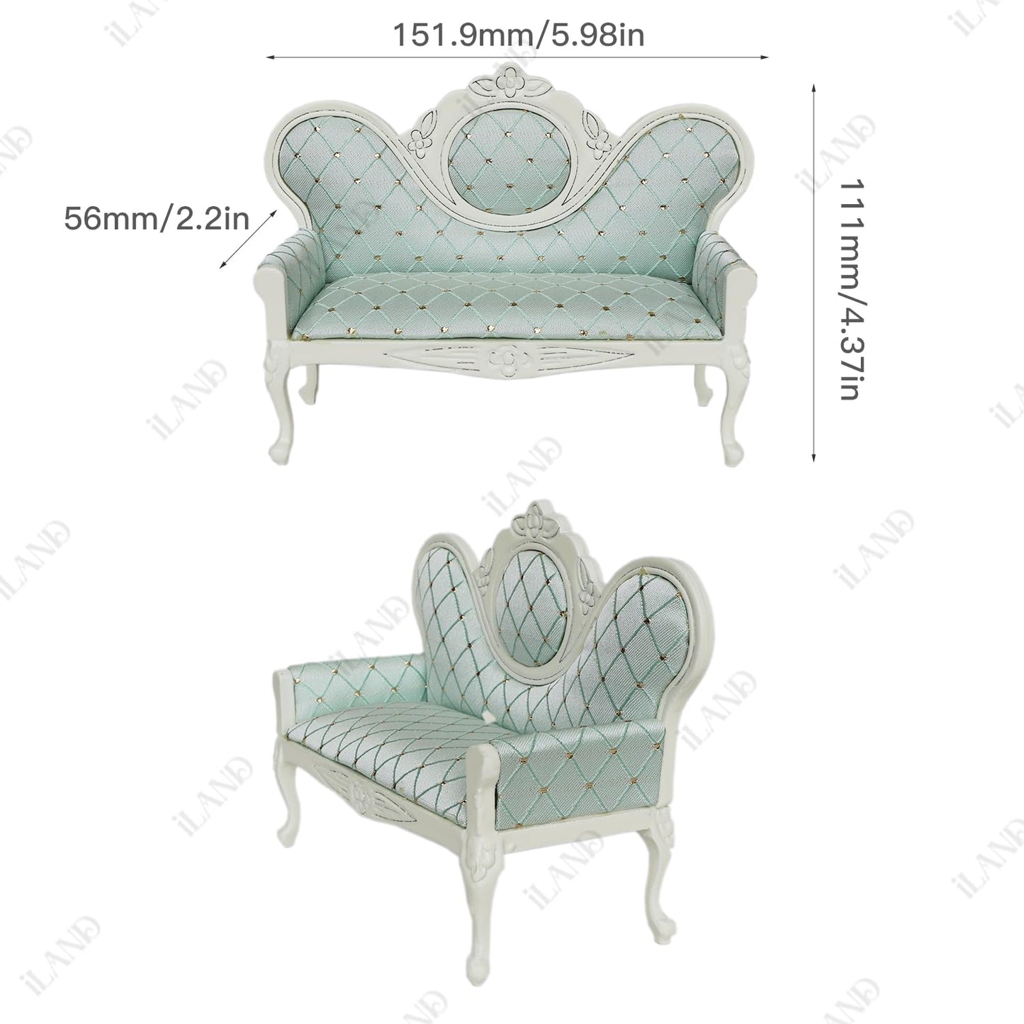 Victorian-style miniature sofa with elegant detailing, perfect for 1/12 scale dollhouse decor and accessories.