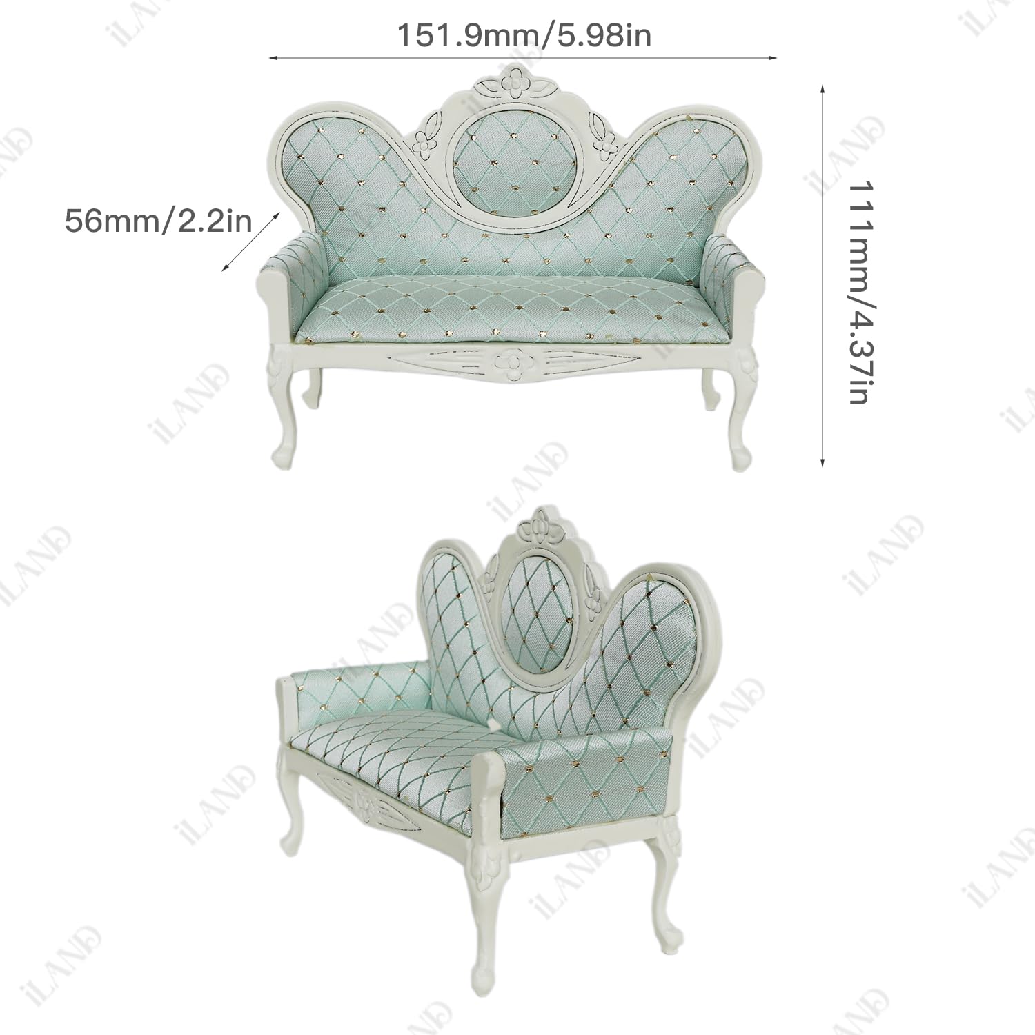 Victorian-style miniature sofa with elegant detailing, perfect for 1/12 scale dollhouse decor and accessories.