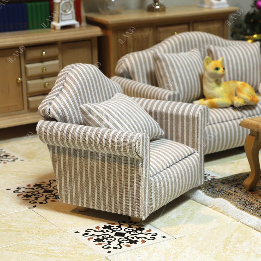 iLAND Miniature Wooden Dollhouse Furniture Set: Sofa, Cabinets, Coffee Table for Dollhouse Living Room (Classic Doll Furniture 7pcs) image