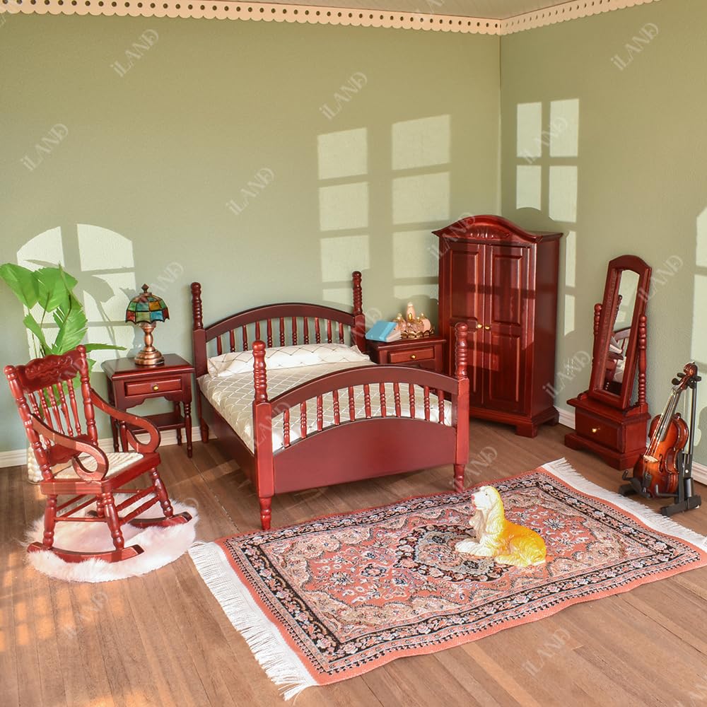 Miniature bedroom set with iLAND classic walnut dollhouse flooring, perfect for 1:12 and 1:6 scale dollhouse decor.