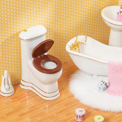 SAMCAMI Ceramic Dollhouse Furniture 1 12 Scale - Doll House Furniture Toys for Dollhouse Bathroom - Miniature Furniture Incl Toilet, Bathtub, Washbasin, Fluffy Carpet and Other Dollhouse Accessories image