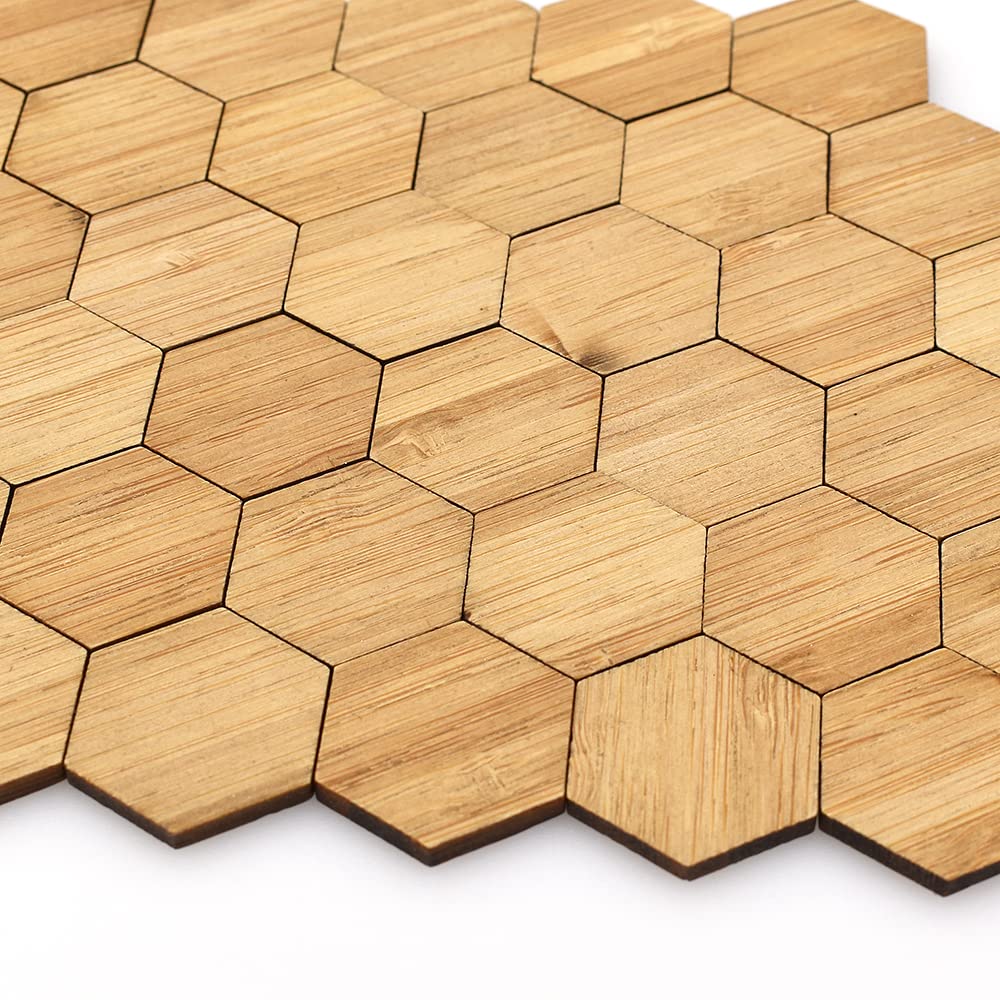 Hexagonal bamboo dollhouse flooring tiles, varnished for a realistic finish, perfect for 1:12 scale miniatures.