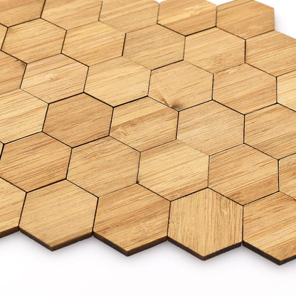 Hexagonal bamboo dollhouse flooring tiles, varnished for a realistic finish, perfect for 1:12 scale miniatures.