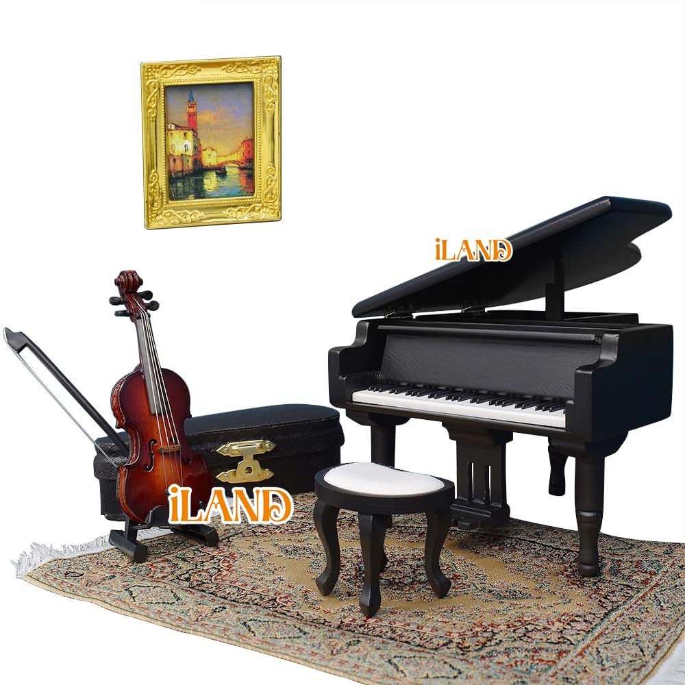 Miniature piano and violin set on a rug, featuring detailed craftsmanship for dollhouse decor and music lovers.