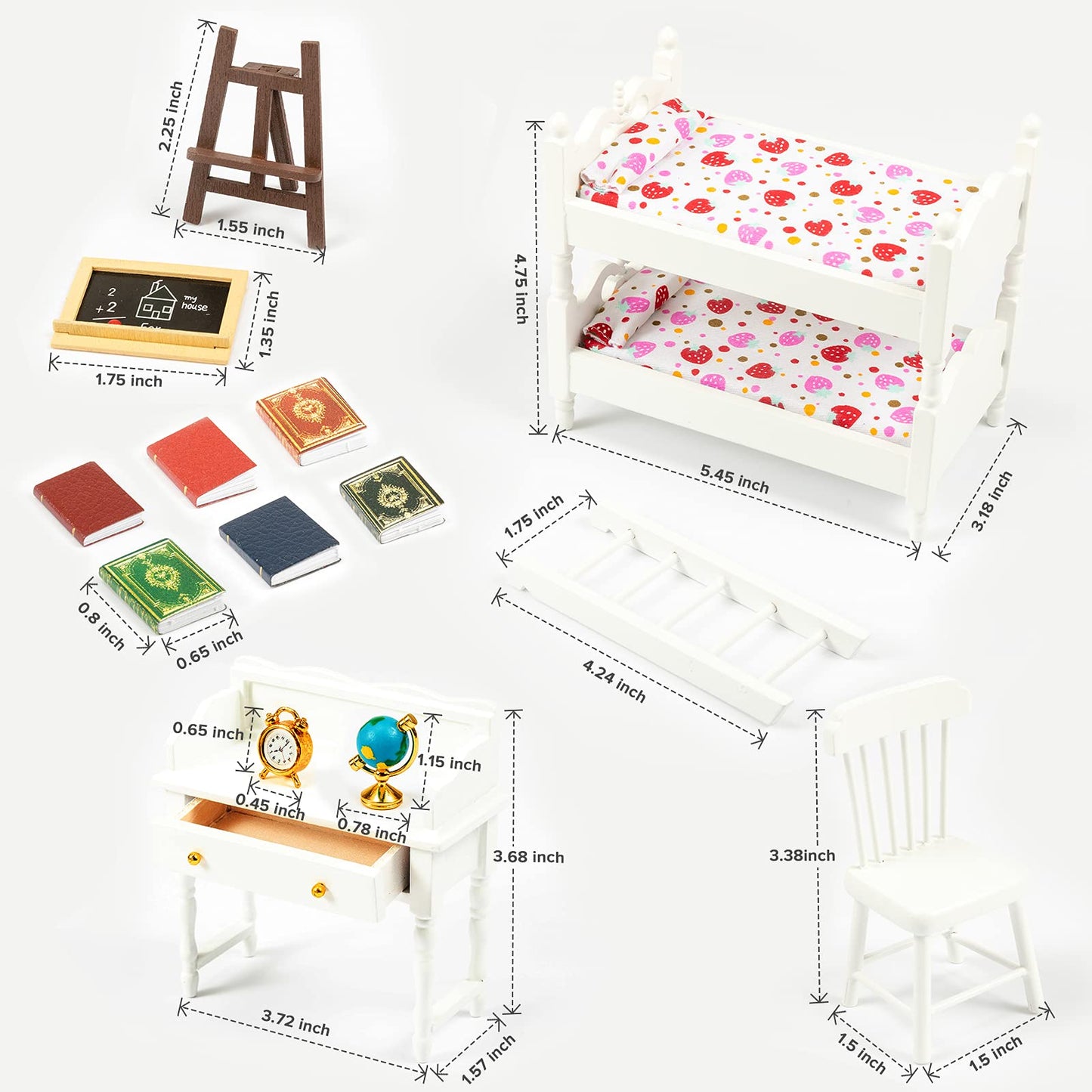 SAMCAMI Miniature Dollhouse Furniture 1 12 Scale - Wooden Dollhouse Bed Set - Doll House Furniture Toys Incl Doll Bed, Desk, Books, blackboards and Other Dollhouse Accessories image