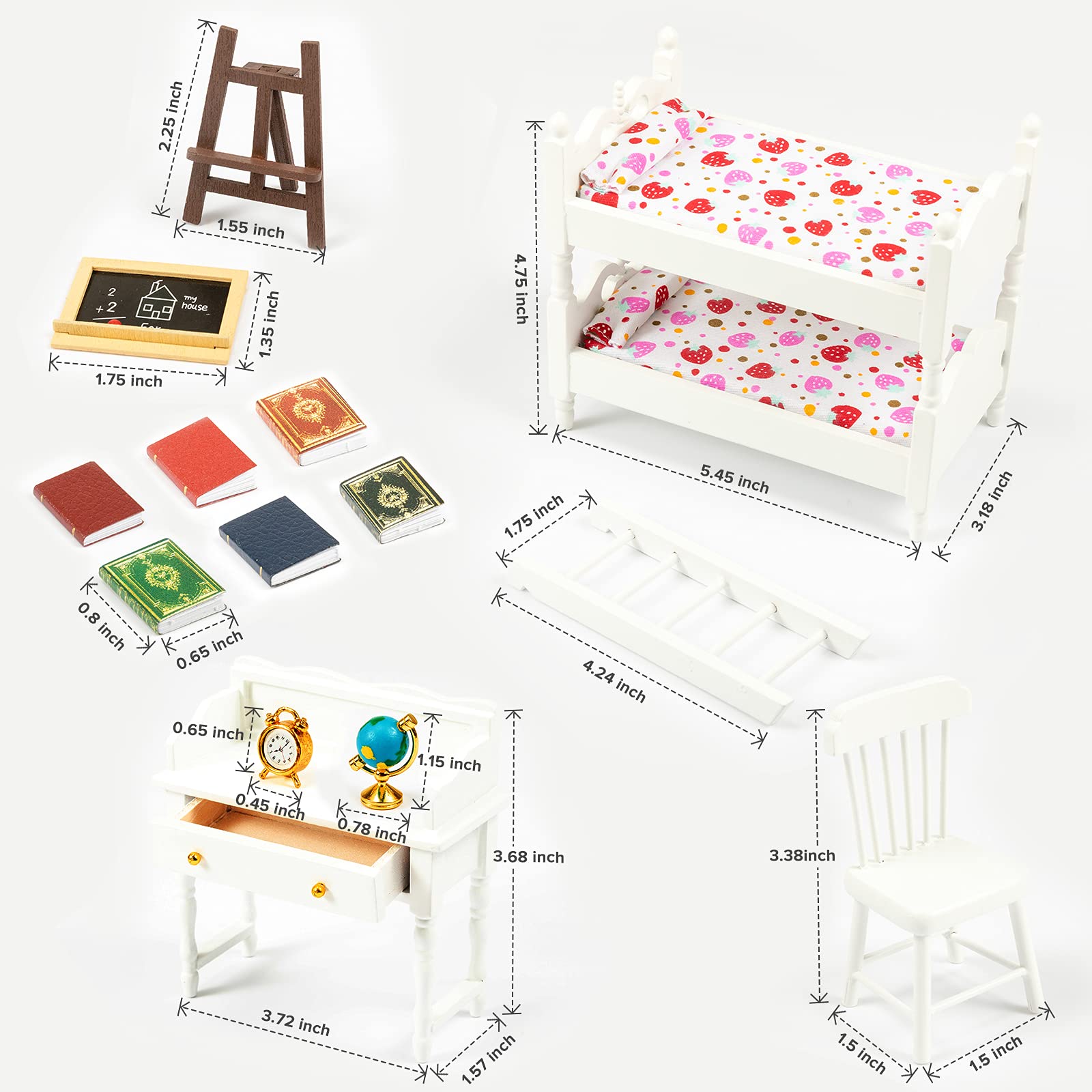 SAMCAMI Miniature Dollhouse Furniture 1 12 Scale - Wooden Dollhouse Bed Set - Doll House Furniture Toys Incl Doll Bed, Desk, Books, blackboards and Other Dollhouse Accessories image