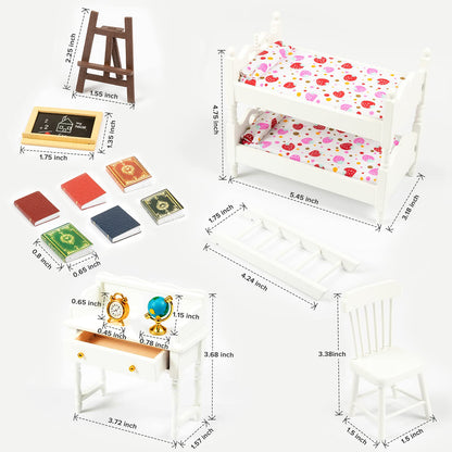 SAMCAMI Miniature Dollhouse Furniture 1 12 Scale - Wooden Dollhouse Bed Set - Doll House Furniture Toys Incl Doll Bed, Desk, Books, blackboards and Other Dollhouse Accessories image