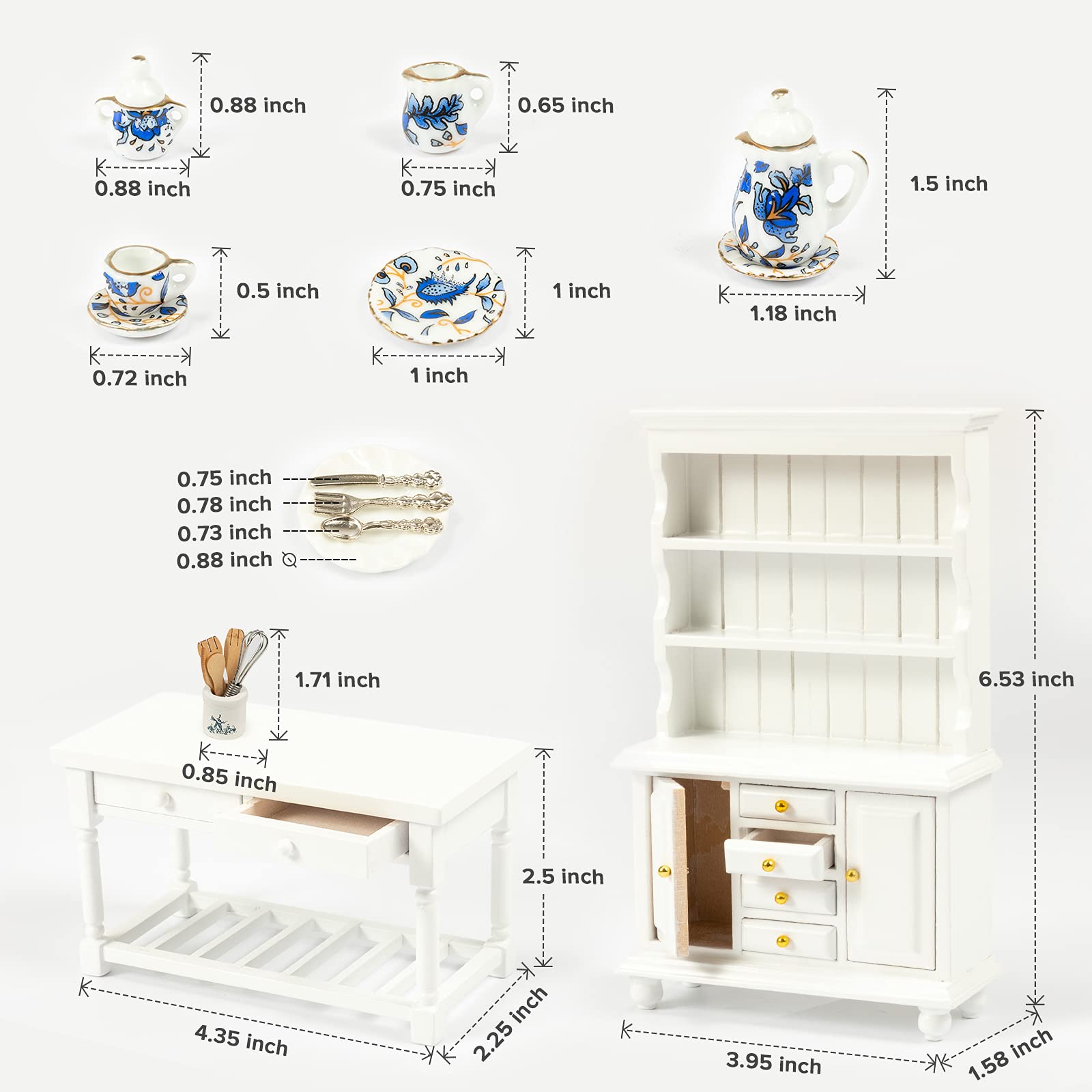 SAMCAMI Wooden Dollhouse Furniture Set - Miniature Dollhouse Furniture 1 12 Scale for Dollhouse Kitchen - Doll House Furniture Toys Incl Kitchen Island, Cabinet, Tea Cup Set and Other Accessories image