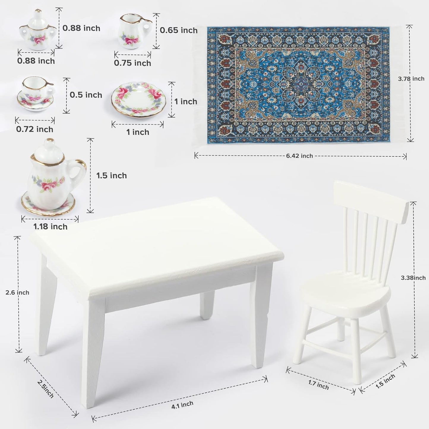 SAMCAMI Miniature Dollhouse Furniture 1 12 Scale - Doll House Furniture Toys for Dollhouse Kitchen - Wooden Dollhouse Furniture Set Incl Dining Table with Chairs, Tea Set, Carpet (White) image