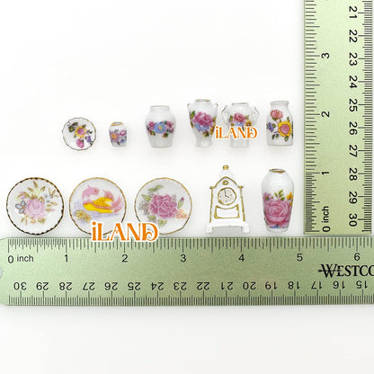 Miniature Porcelain Vases and Decorative Plates with Desk Clock