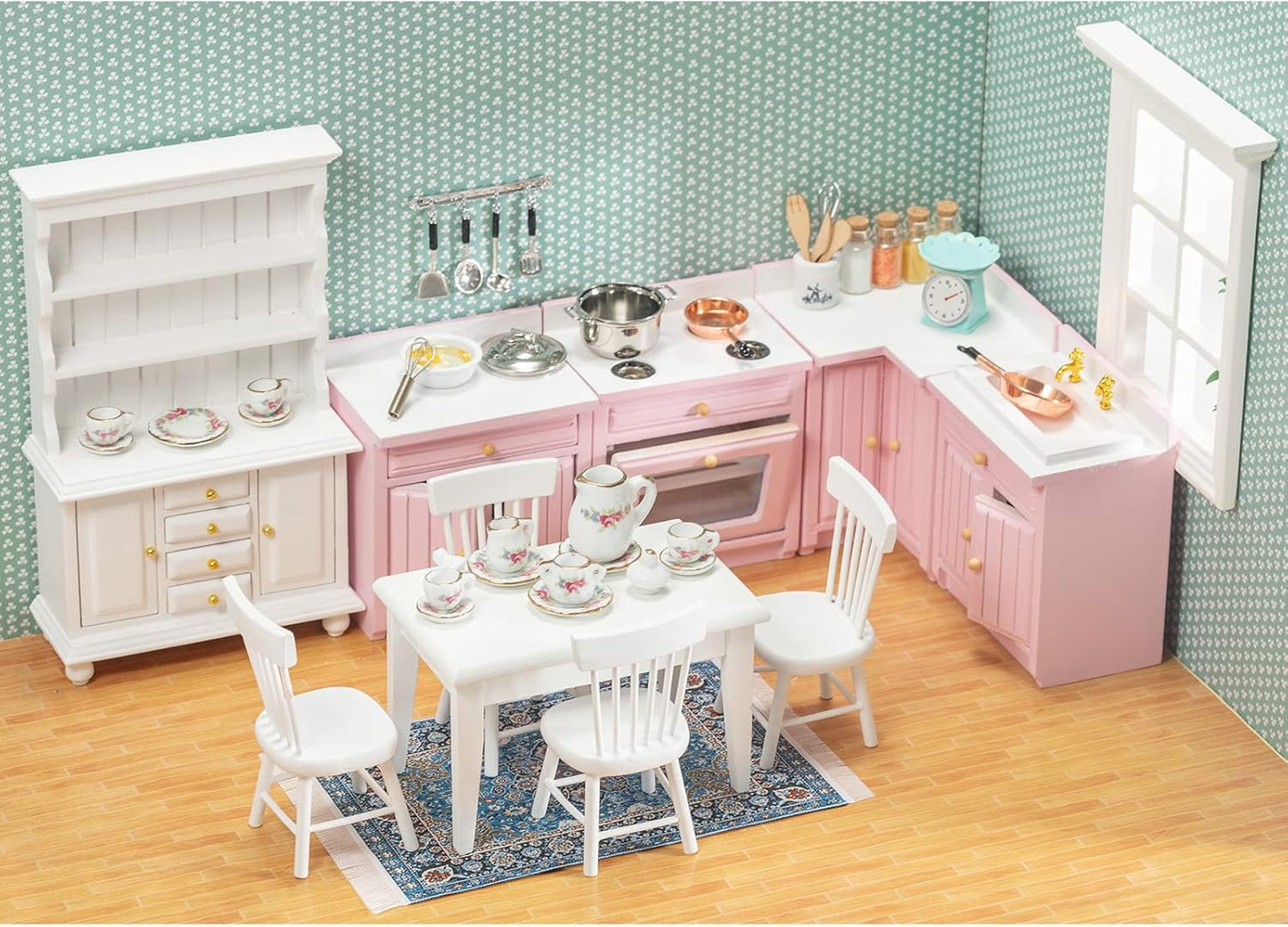 SAMCAMI Miniature Dollhouse Furniture 1 12 Scale - Doll House Furniture Toys for Dollhouse Kitchen - Wooden Dollhouse Furniture Set Incl Dining Table with Chairs, Tea Set, Carpet (White) image