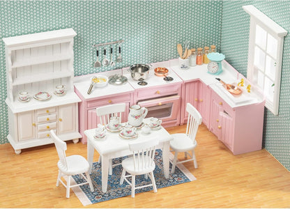 SAMCAMI Miniature Dollhouse Furniture 1 12 Scale - Doll House Furniture Toys for Dollhouse Kitchen - Wooden Dollhouse Furniture Set Incl Dining Table with Chairs, Tea Set, Carpet (White) image
