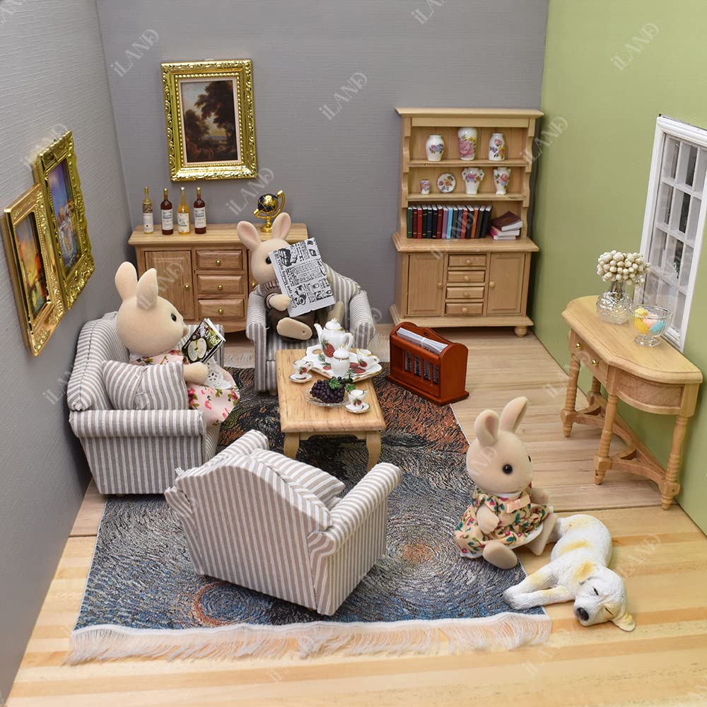 iLAND Miniature Wooden Dollhouse Furniture Set: Sofa, Cabinets, Coffee Table for Dollhouse Living Room (Classic Doll Furniture 7pcs) image