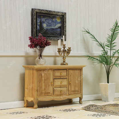 iLAND Miniature Wooden Dollhouse Furniture Set: Sofa, Cabinets, Coffee Table for Dollhouse Living Room (Classic Doll Furniture 7pcs) image