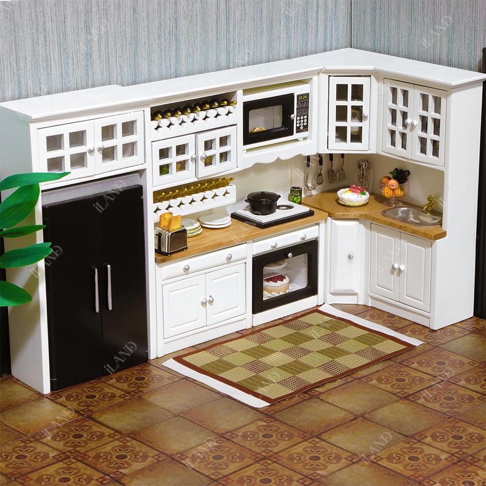 Modern 1/12 scale iLAND dollhouse kitchen set with white cabinets and appliances, perfect for storing miniature food.