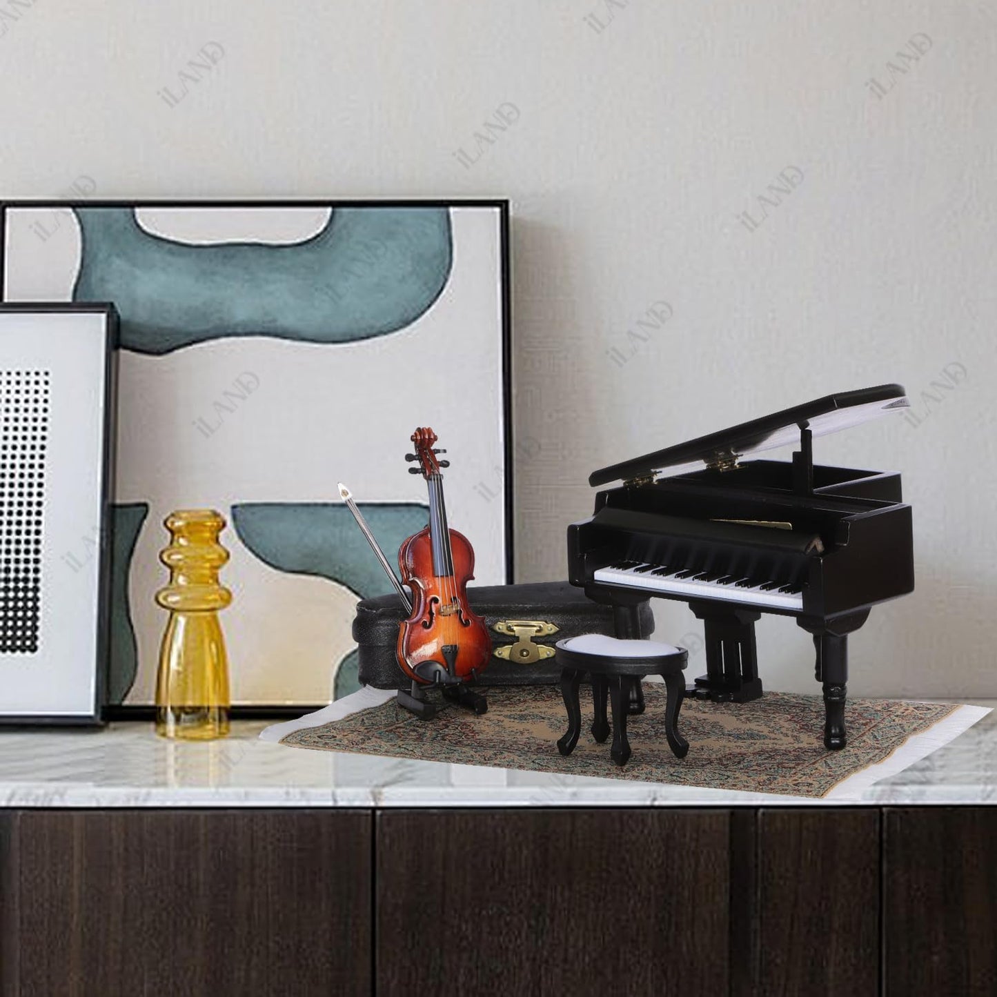 Miniature grand piano and violin set with gift box, perfect for dollhouse piano room. Plays "Castle in The Sky" melody.