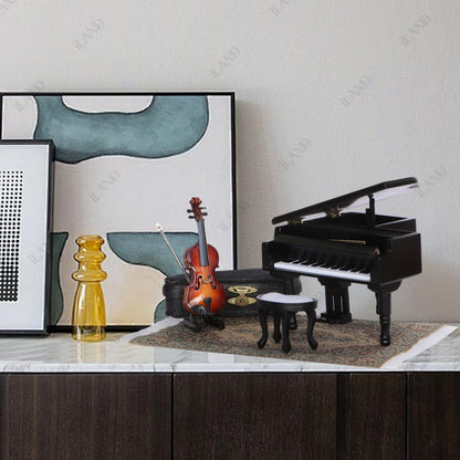 Miniature grand piano and violin set with gift box, perfect for dollhouse piano room. Plays "Castle in The Sky" melody.