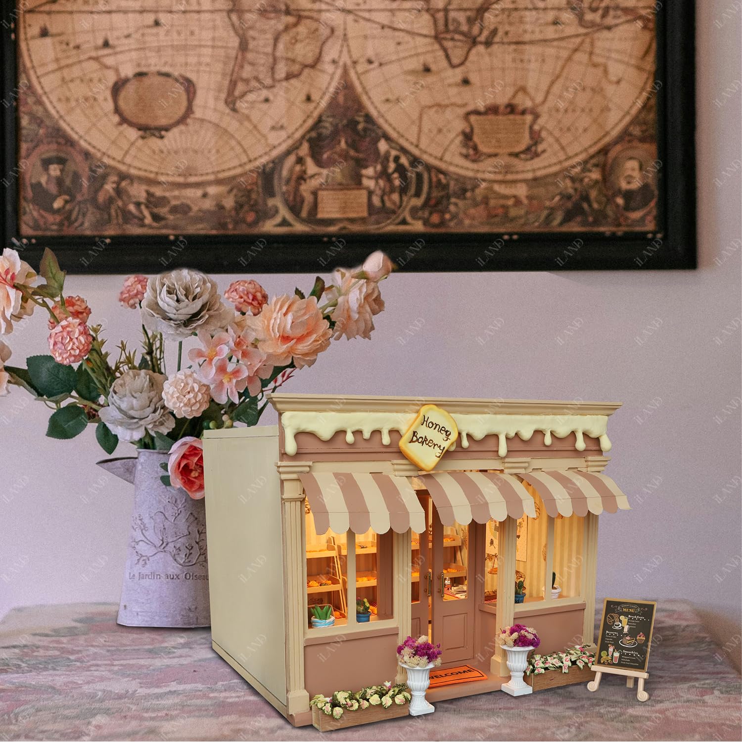 Miniature coffee shop dollhouse with vintage decor and flowers, perfect for crafts and creative projects on a 1/12 scale.