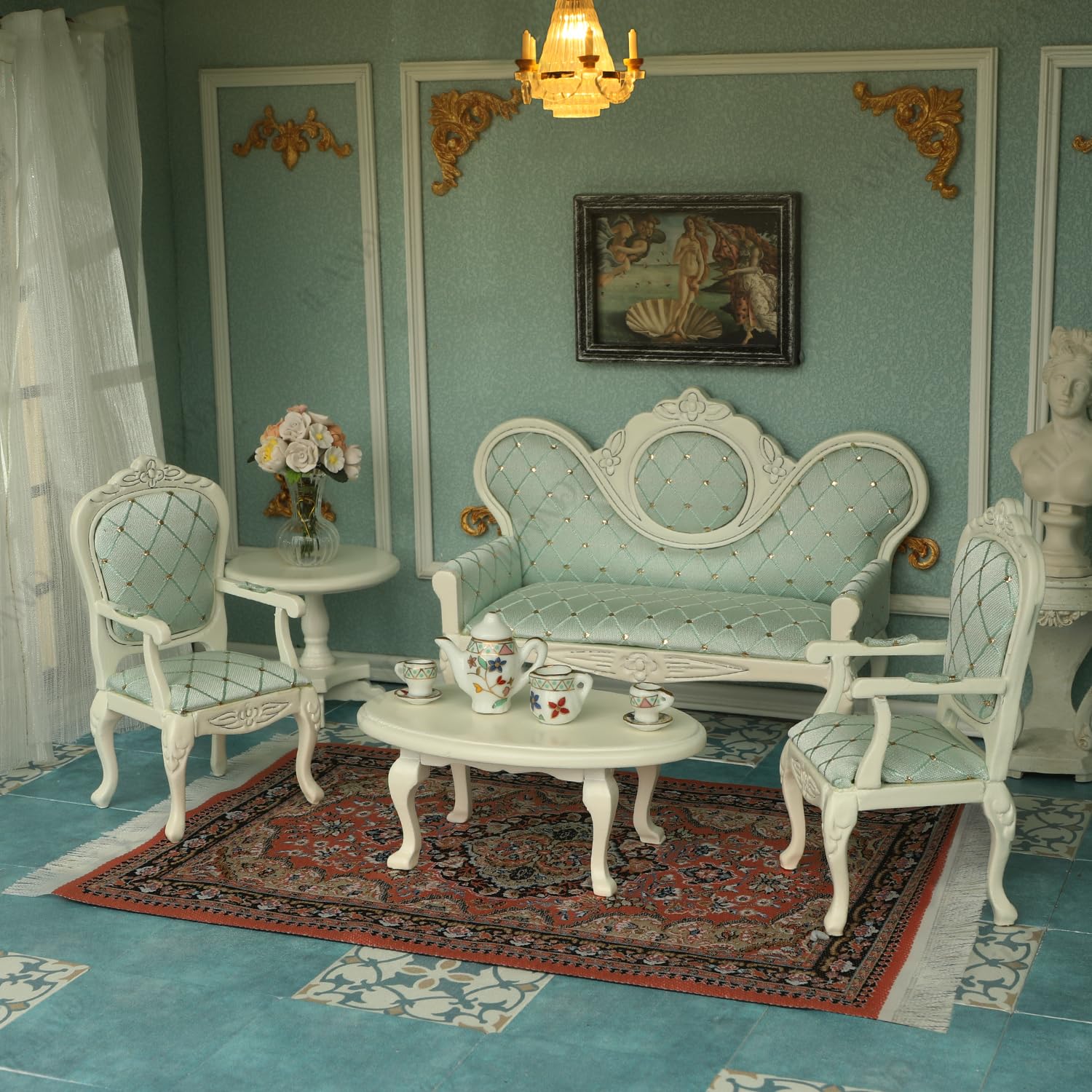 Victorian dollhouse furniture set with elegant sofa, armchairs, and tea set on ornate rug, ideal for miniature décor.