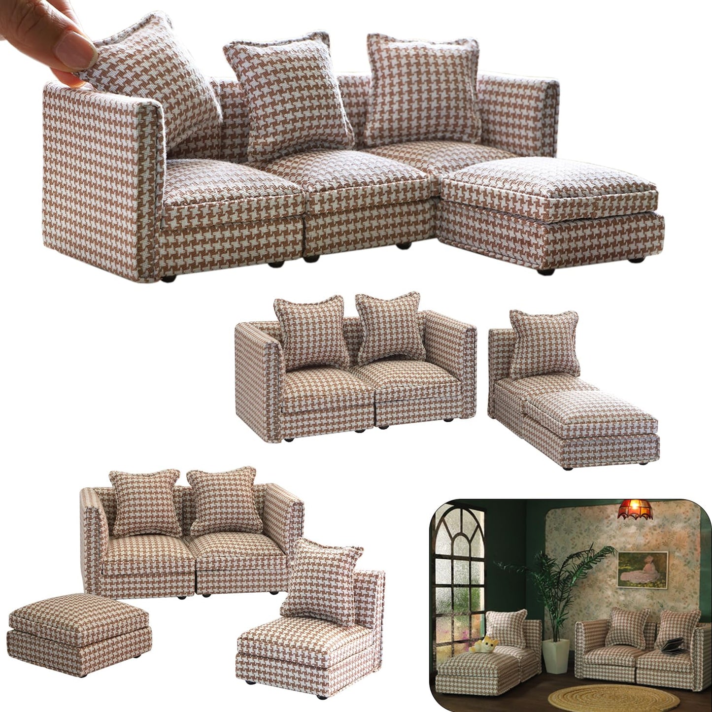 Miniature brown houndstooth sectional sofa set for 1/12 scale dollhouse, featuring a modern design and classic elegance.

Realistic dollhouse furniture set with a timeless brown houndstooth pattern, perfect for 1/12 scale décor enthusiasts.

iLAND dollhouse sectional couch in a modern brown houndstooth design, ideal for enhancing miniature home interiors.

Elegant brown houndstooth sofa set for dollhouses, fitting 1/12 scale, offering a classic touch to