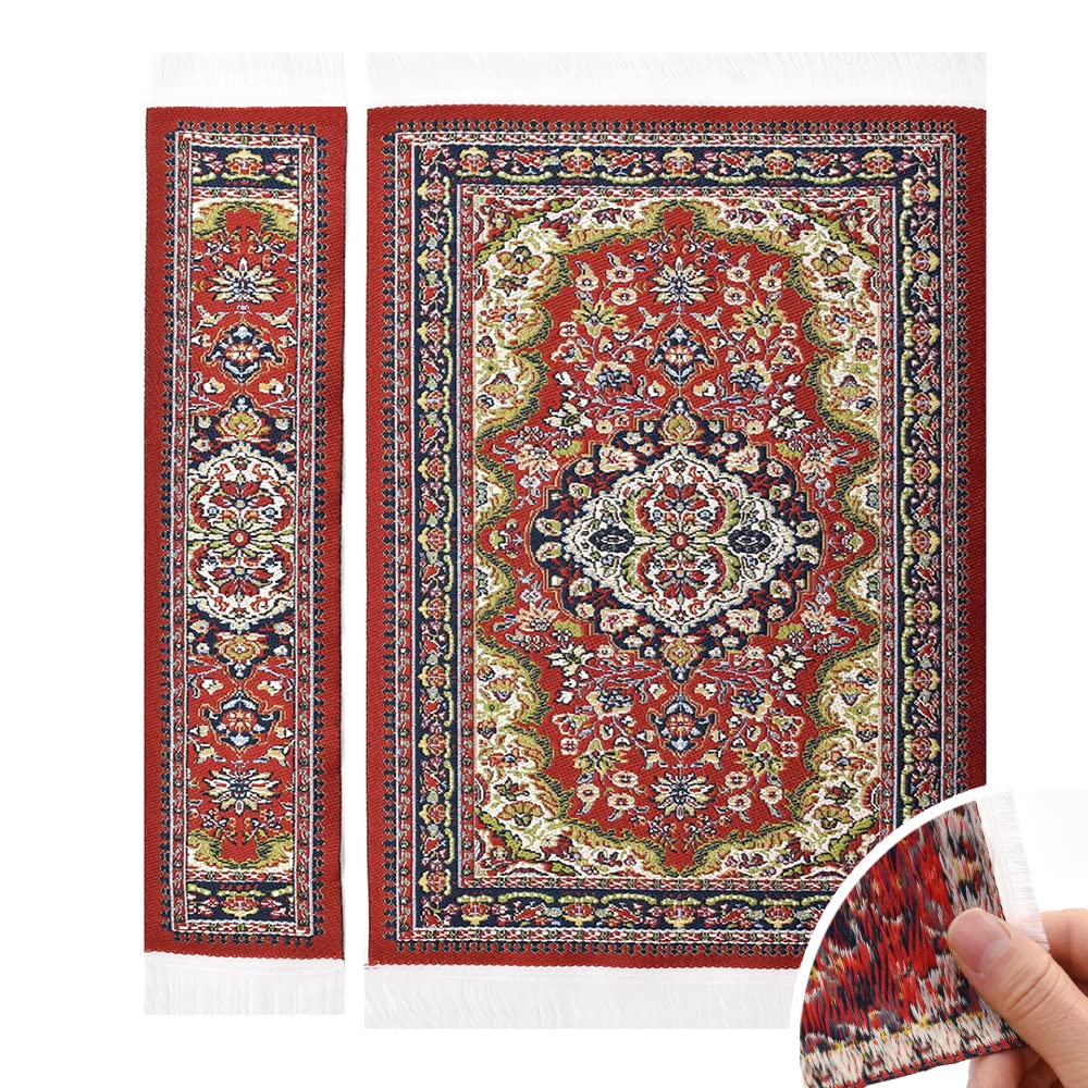 iLAND Miniature Dollhouse Accessories of Woven Dollhouse Rug 9.4” x 5.7” 9.2" x 1.8" for Dollhouse Furniture on 1/12 Scale and Dolls 3” - 12” (2pcs Spring) image