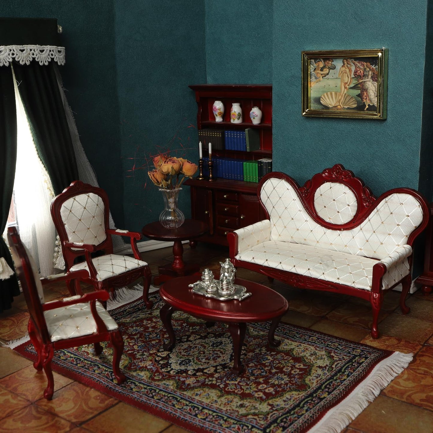 Victorian dollhouse living room set with ornate sofa, armchairs, and bookshelf, perfect for 1/12 scale miniature décor.