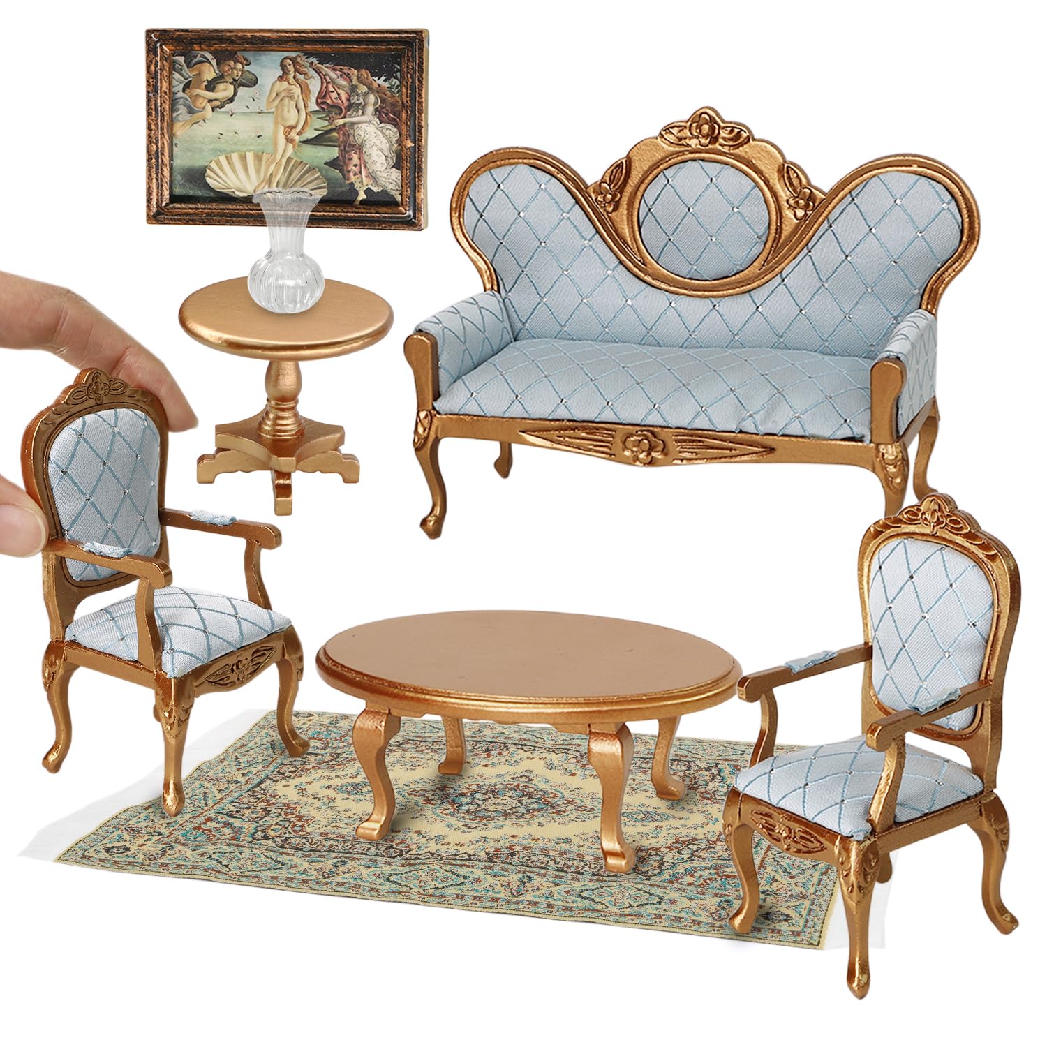 Victorian dollhouse furniture set with elegant sofa, chairs, tables, and accessories in 1/12 scale for unique home décor.