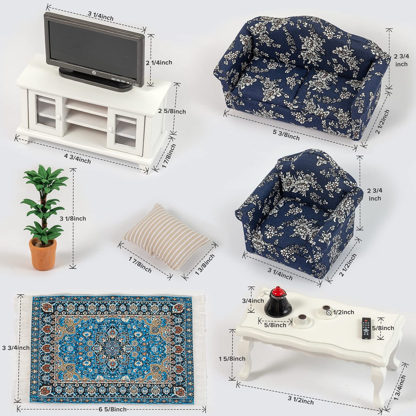 SAMCAMI Miniature Dollhouse Furniture 1 12 Scale - Wooden Dollhouse Furniture Set for Dollhouse Living Room - Doll House Furniture Incl Sofa, TV Cabinet, Coffee Table and Other Accessories (White) image