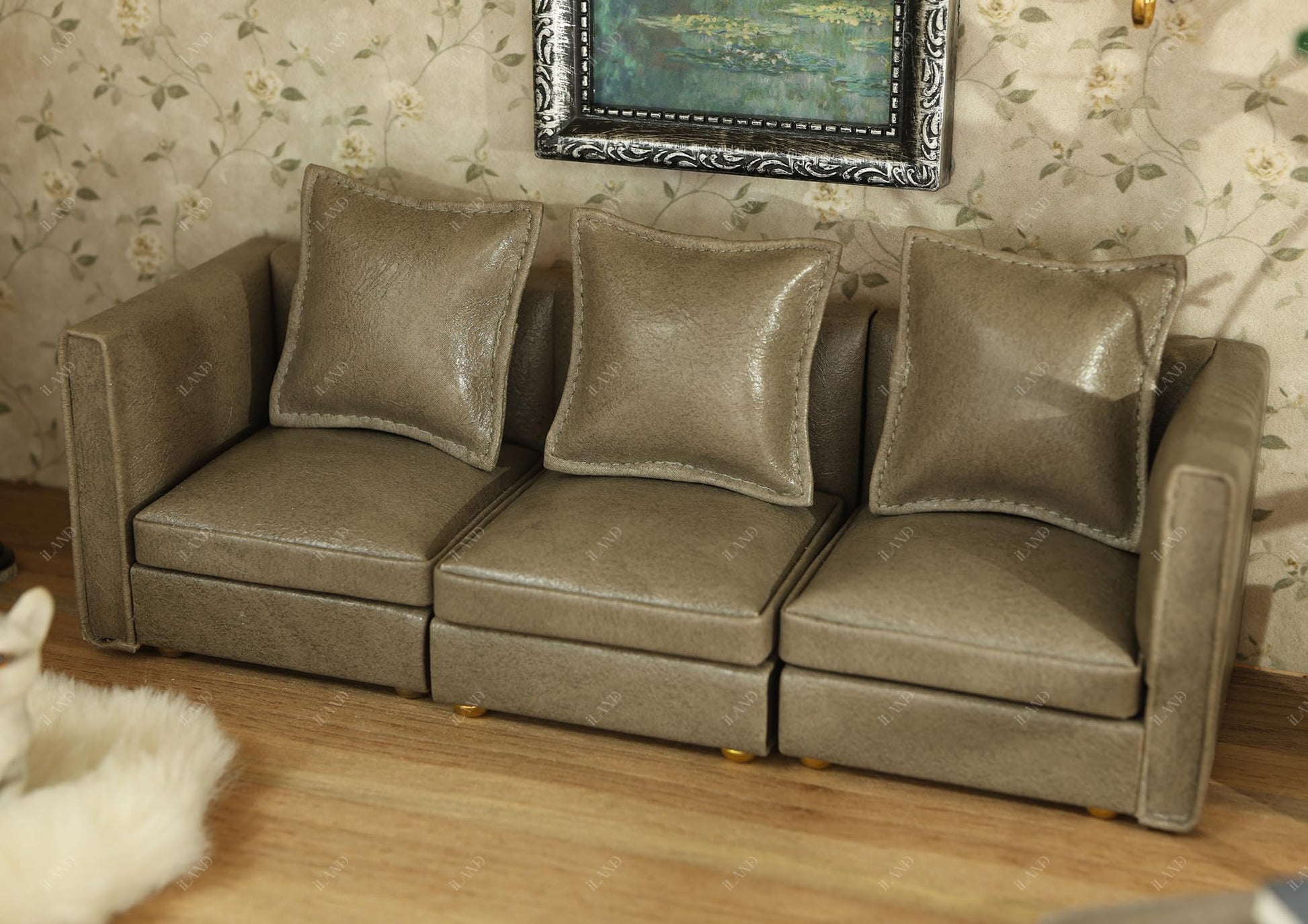 Modern brown houndstooth miniature sectional couch for dollhouse, 1/12 scale, classic décor furniture piece.