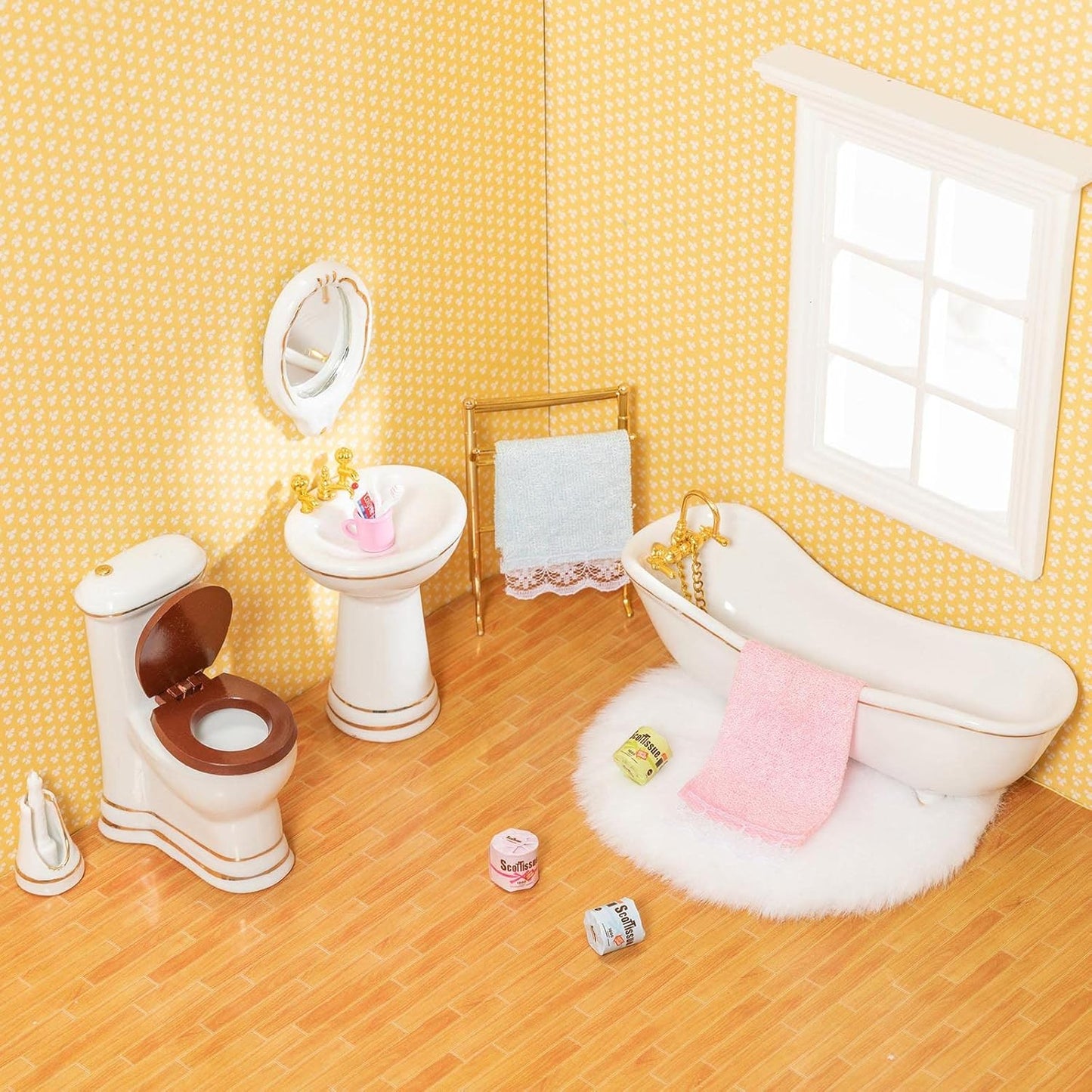 SAMCAMI Ceramic Dollhouse Furniture 1 12 Scale - Doll House Furniture Toys for Dollhouse Bathroom - Miniature Furniture Incl Toilet, Bathtub, Washbasin, Fluffy Carpet and Other Dollhouse Accessories image