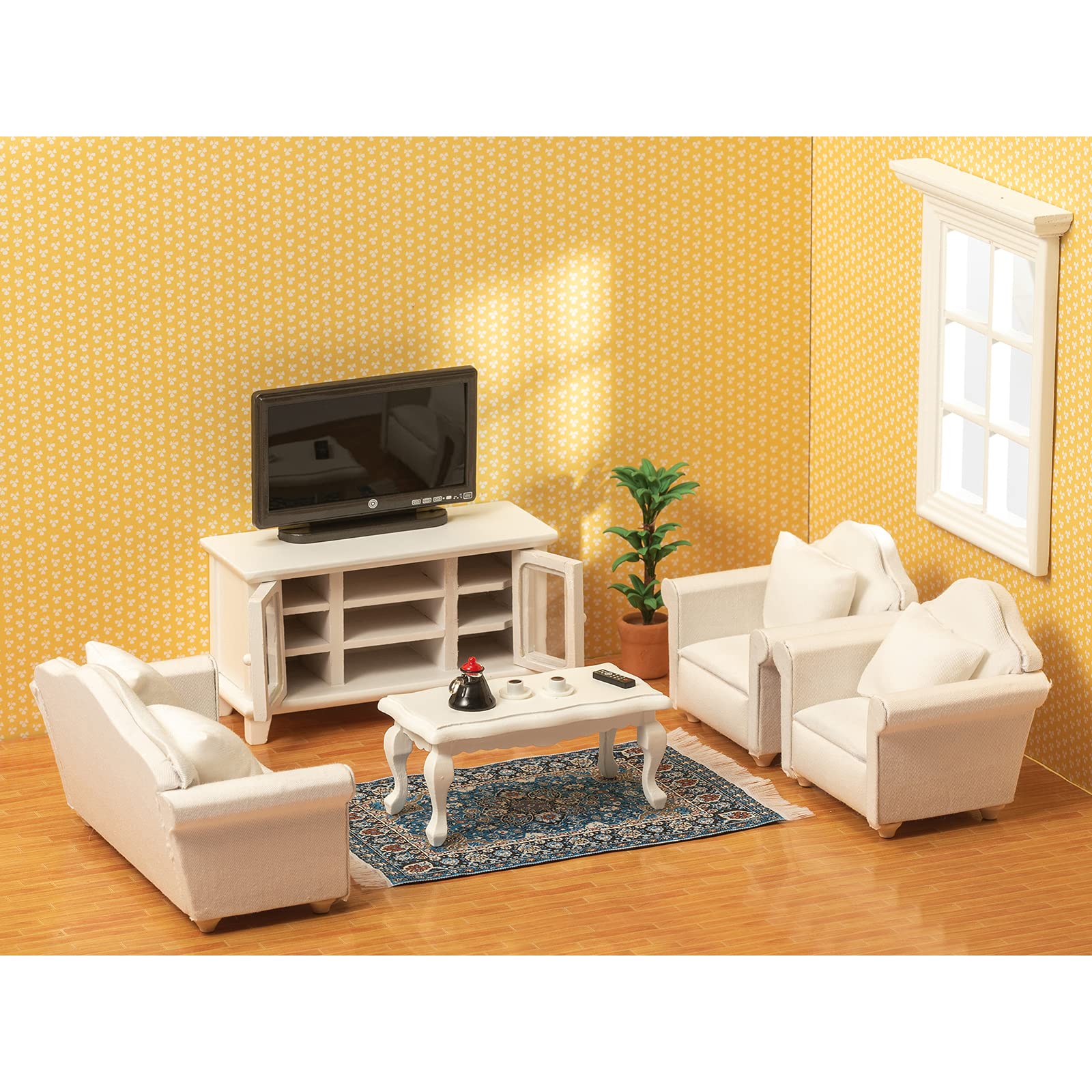 SAMCAMI Miniature Dollhouse Furniture 1 12 Scale - Wooden Dollhouse Furniture Set for Dollhouse Living Room - Doll House Furniture Incl Sofa, TV Cabinet, Coffee Table and Other Accessories (White) image
