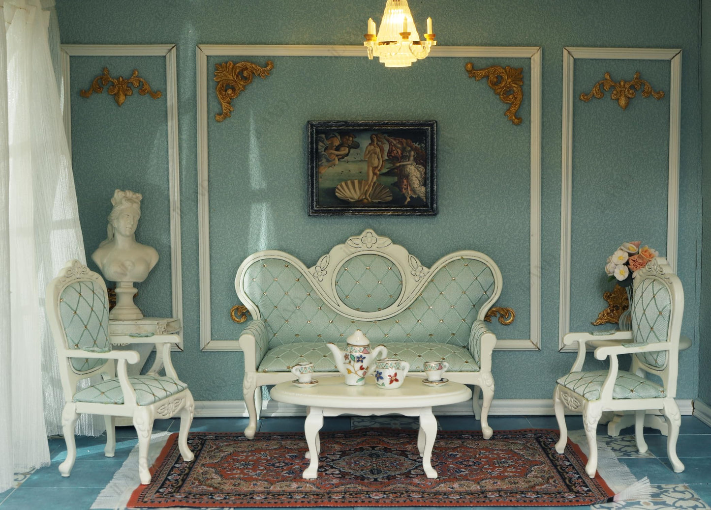 Victorian-style dollhouse furniture set with ornate sofa, chairs, and tea set, perfect for 1/12 scale miniature décor.