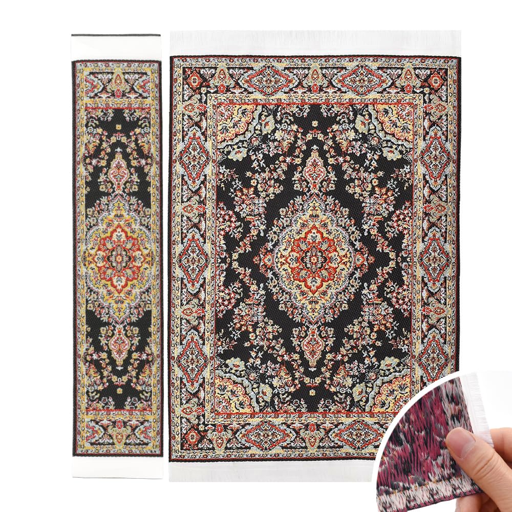 iLAND Miniature Dollhouse Accessories of Woven Dollhouse Rug 9.4” x 5.7” 9.2" x 1.8" for Dollhouse Furniture on 1/12 Scale and Dolls 3” - 12” (2pcs Spring) image