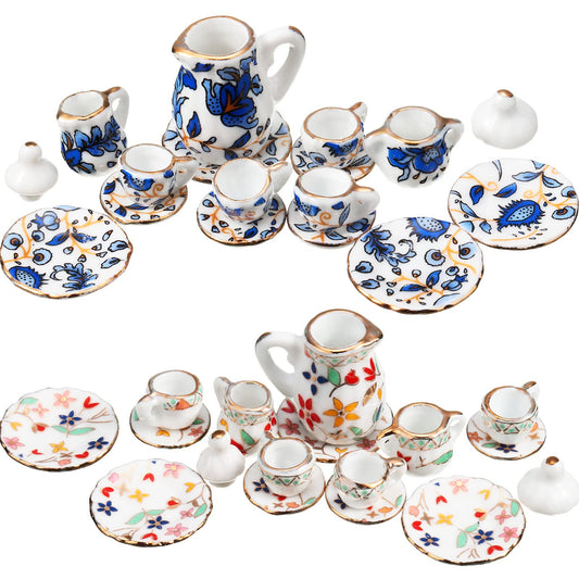 Geiserailie 2 Set 1:12 Dollhouse Miniature Porcelain Tea Cup 30 Pieces Mini Flowers Pattern with Golden Trim Teapot Cup Plate Dollhouse Kitchen Accessories (Charming Style) image