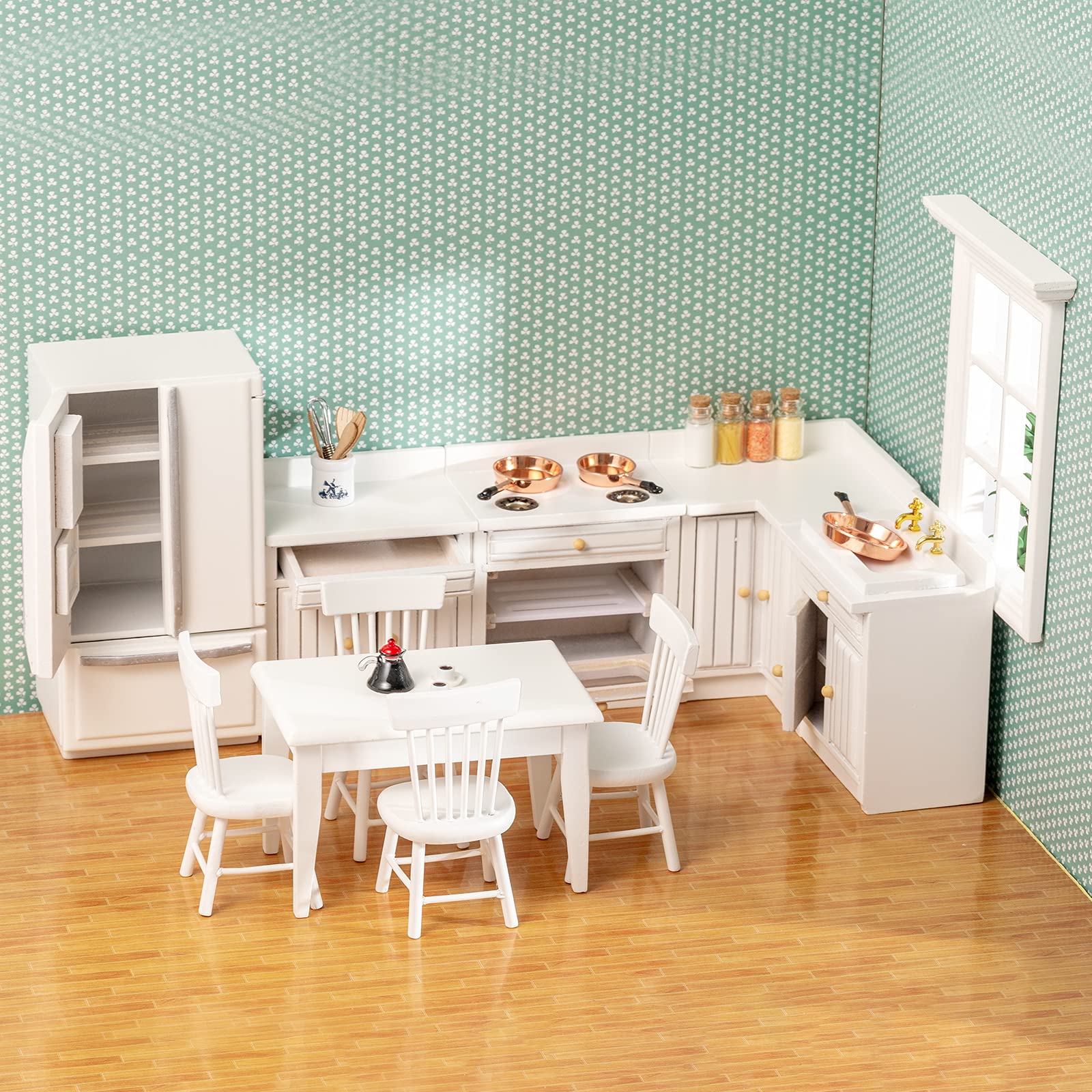 SAMCAMI Wooden Dollhouse Furniture Set - Miniature Dollhouse Furniture 1 12 Scale for Dollhouse Kitchen - Doll House Furniture Toys Incl Kitchen Cabinets, Dining Table, Refrigerator and Others (White) image