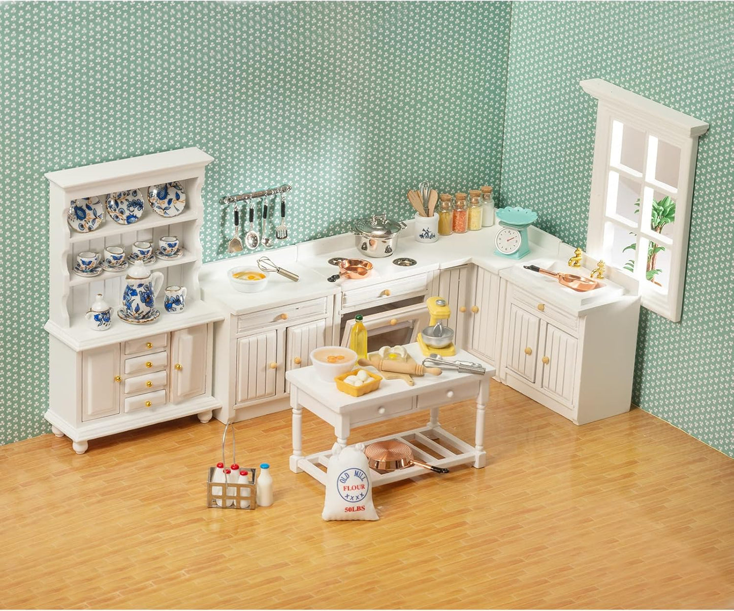 SAMCAMI Miniature Dollhouse Furniture Kitchen Set - Kitchen Cabinet Cupboards and Tea Set – 1 12 Scale Dollhouse Accessories image