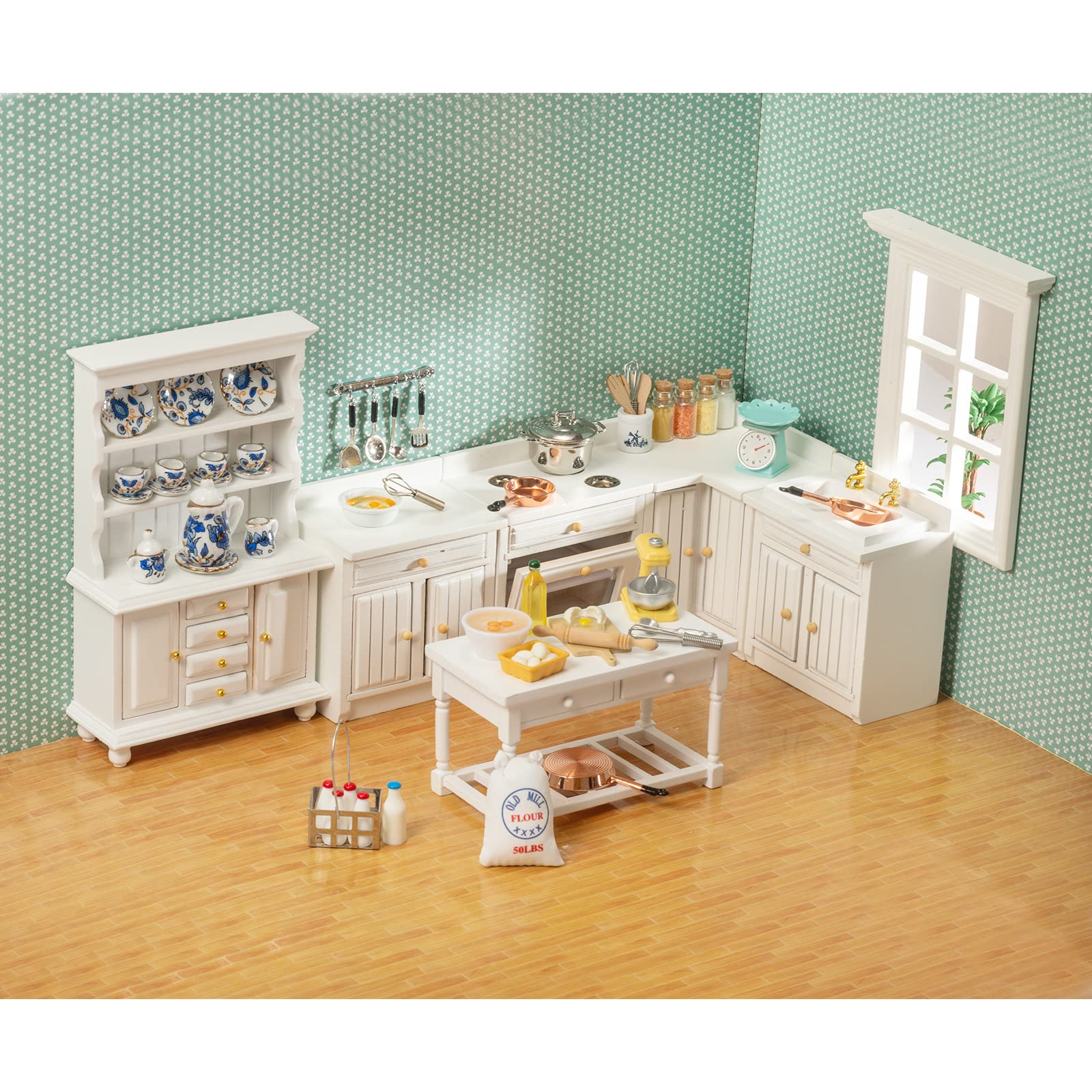 SAMCAMI Wooden Dollhouse Furniture Set - Miniature Furniture 1 12 Scale for Dollhouse Kitchen - Doll House Furniture Toys Incl Freely Combined Wooden Kitchen Cabinets and Other Dollhouse Accessories image