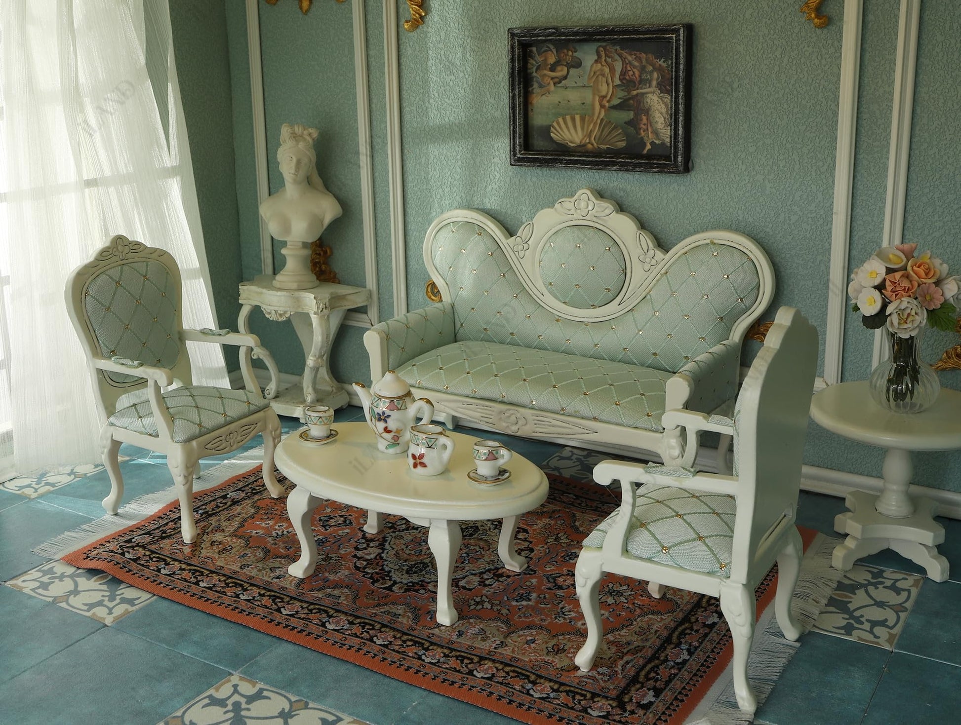 Victorian dollhouse furniture set with elegant sofa, chairs, and tea set, perfect for 1/12 scale miniature décor.