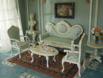 Victorian dollhouse furniture set with elegant sofa, chairs, and tea set, perfect for 1/12 scale miniature décor.
