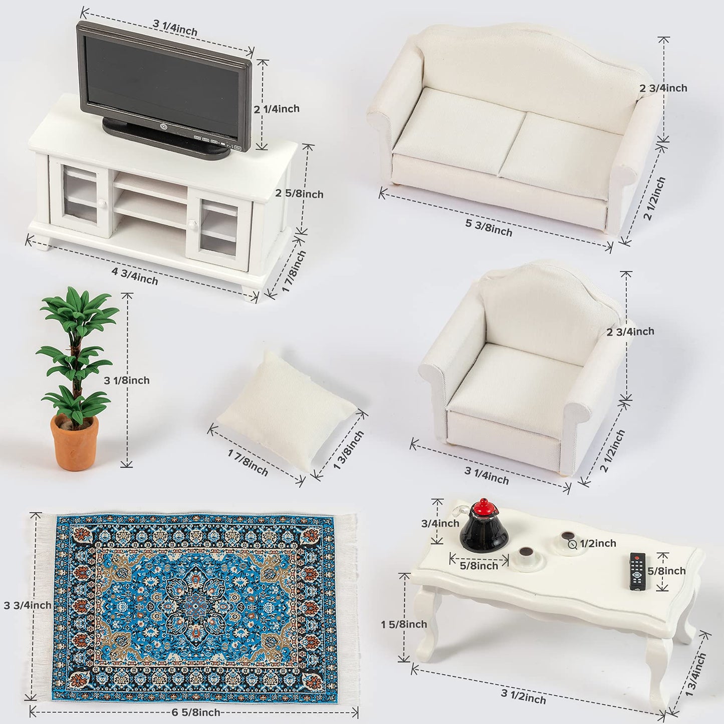 SAMCAMI Miniature Dollhouse Furniture 1 12 Scale - Wooden Dollhouse Furniture Set for Dollhouse Living Room - Doll House Furniture Incl Sofa, TV Cabinet, Coffee Table and Other Accessories (White) image