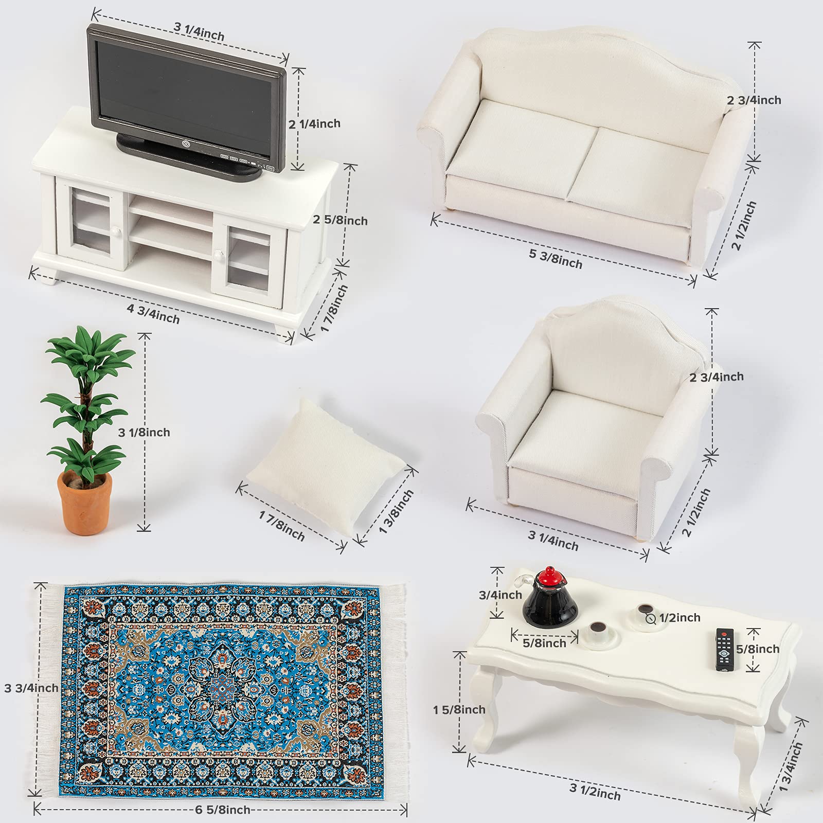 SAMCAMI Miniature Dollhouse Furniture 1 12 Scale - Wooden Dollhouse Furniture Set for Dollhouse Living Room - Doll House Furniture Incl Sofa, TV Cabinet, Coffee Table and Other Accessories (White) image
