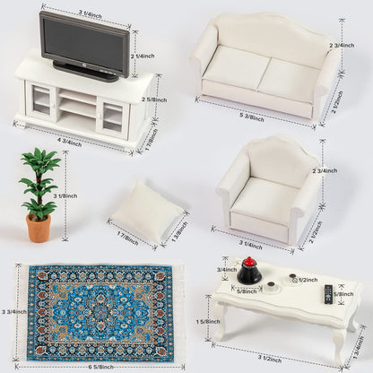 SAMCAMI Miniature Dollhouse Furniture 1 12 Scale - Wooden Dollhouse Furniture Set for Dollhouse Living Room - Doll House Furniture Incl Sofa, TV Cabinet, Coffee Table and Other Accessories (White) image