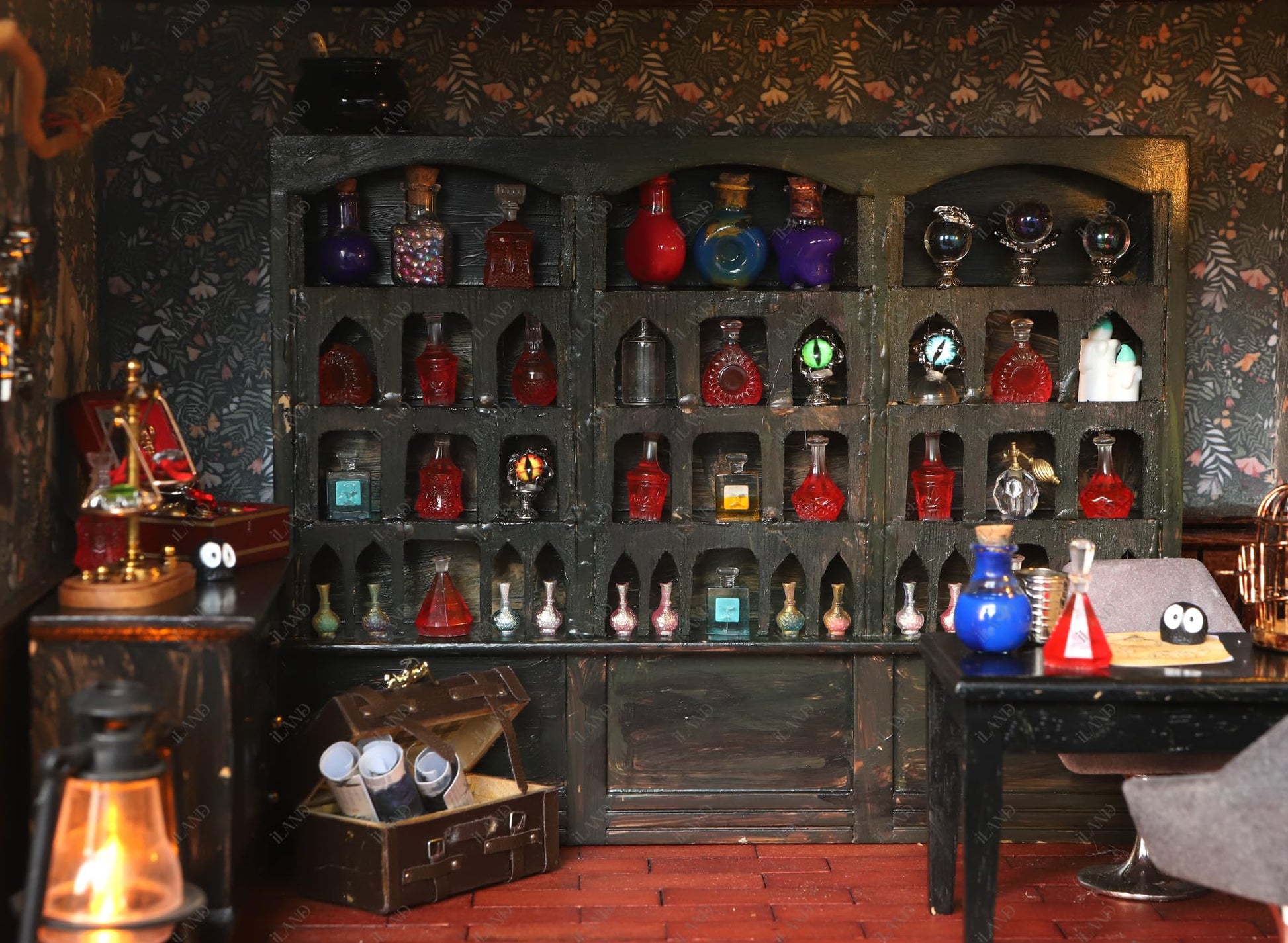 Miniature wooden dollhouse shop with potion bottles on shelves, showcasing intricate 1/12 scale craftsmanship.