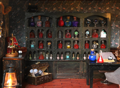 Miniature wooden dollhouse shop with potion bottles on shelves, showcasing intricate 1/12 scale craftsmanship.