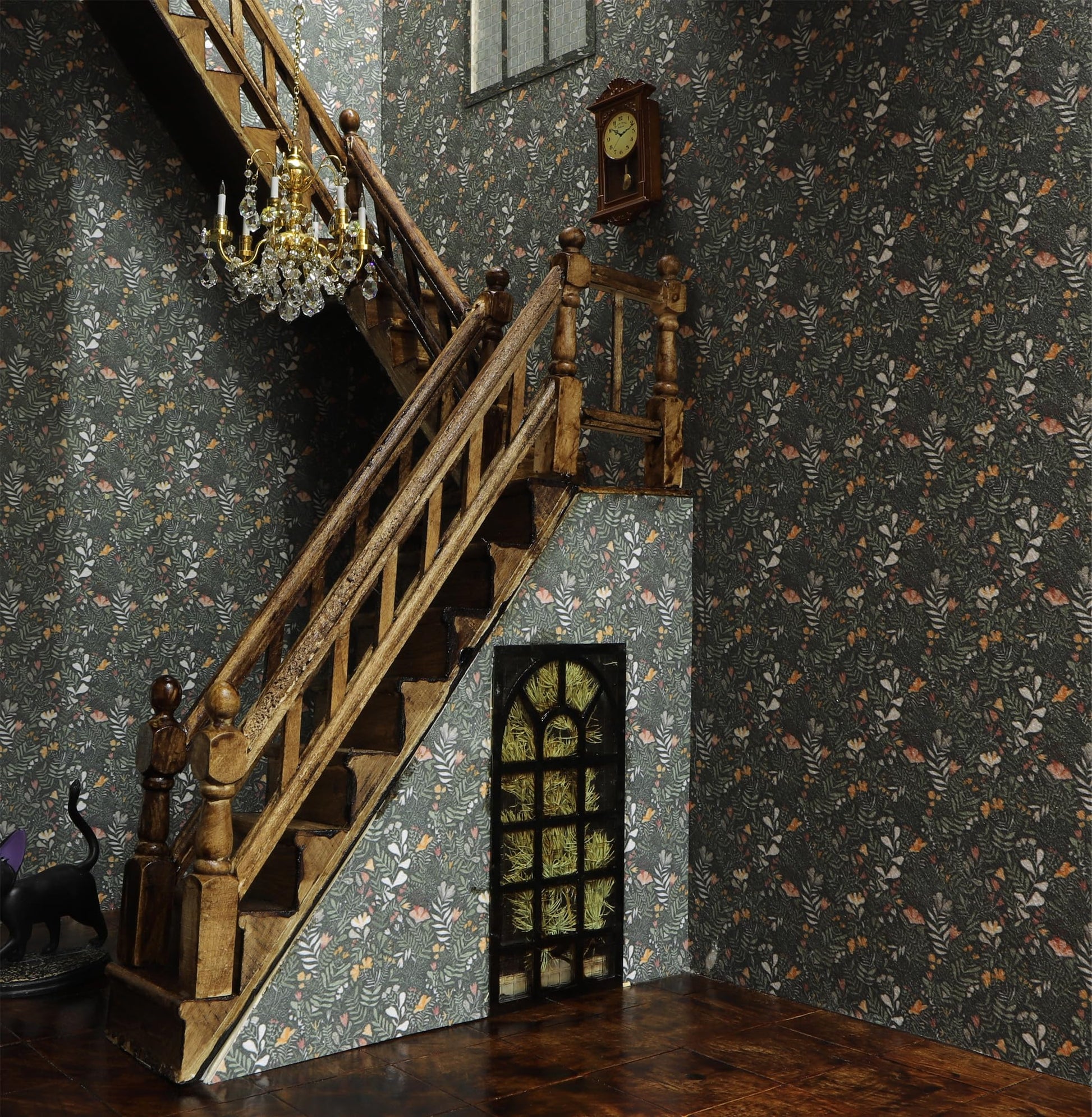 Miniature dollhouse staircase with handrails, 1/12 scale, featuring intricate wood design and corner boards for realism.