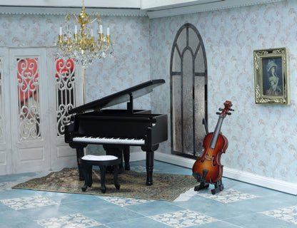 Miniature piano and violin set in dollhouse music room, featuring ornate decor and gift box, 1/12 scale accessories.