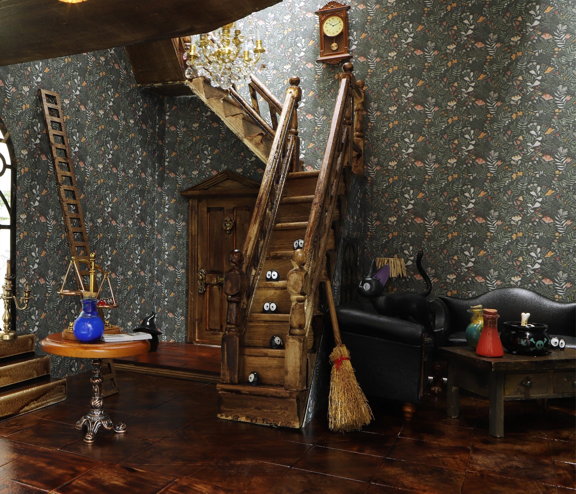 Rustic iLAND miniature dollhouse stairs with handrails, 1/12 scale, wooden design, perfect for DIY enthusiasts.