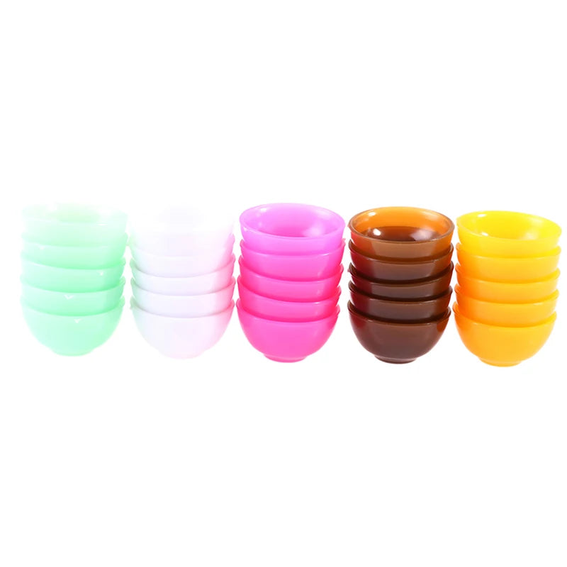 Colorful miniature dollhouse bowl set featuring vibrant pastel shades, perfect for dollhouse kitchen accessories.